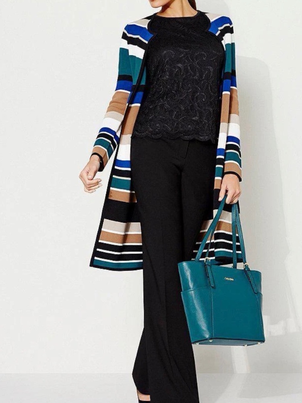 Calvin Klein Women's Small Engineered Stripe Textured Knit Open Front Cardigan